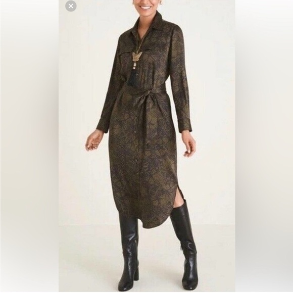 Chico's Womens Mixed Patterns Utility Midi Shirtdress Olive Size 1 M - Picture 1 of 6